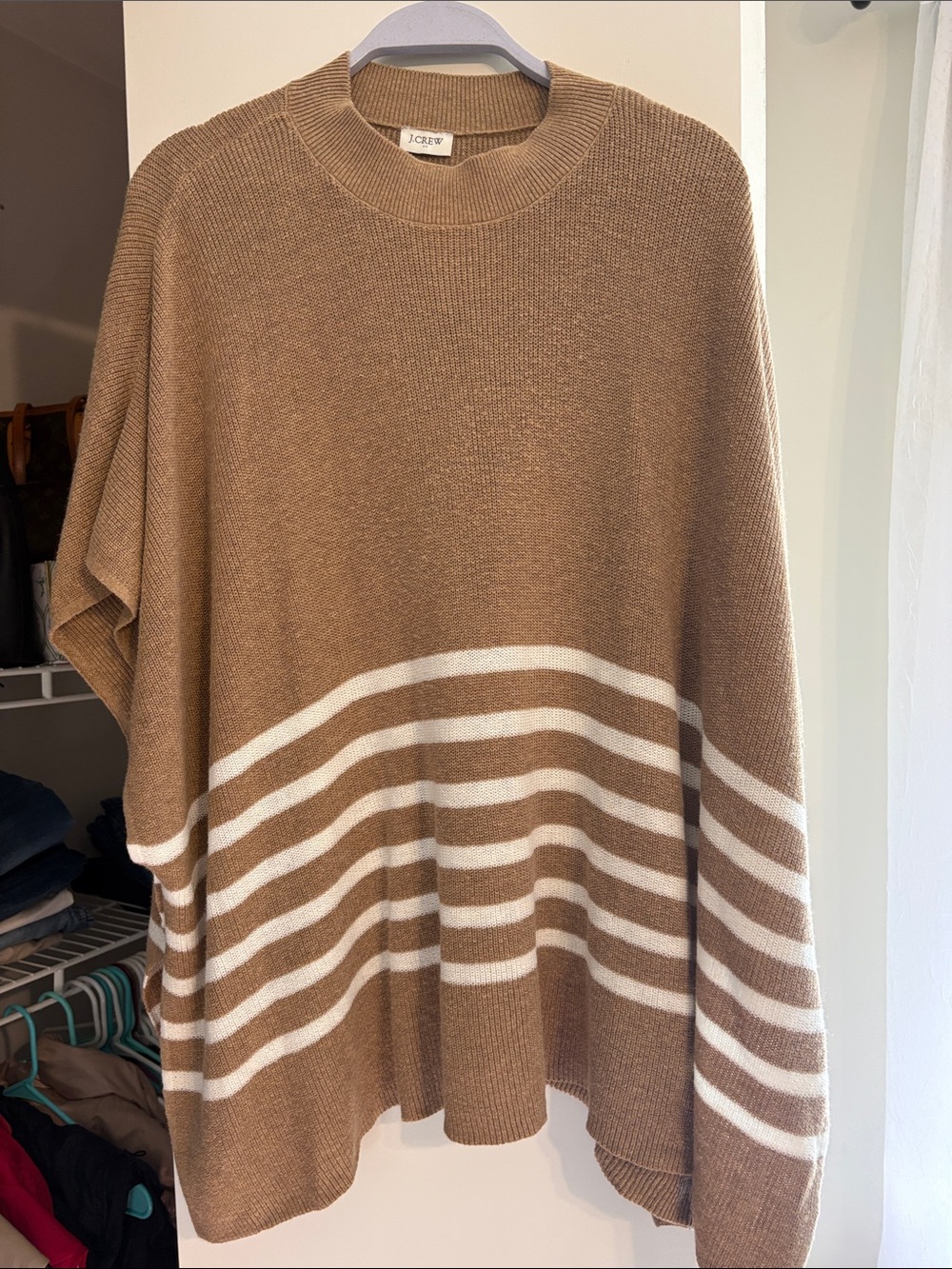 J. Crew Camel and White Striped Crewneck Sweater